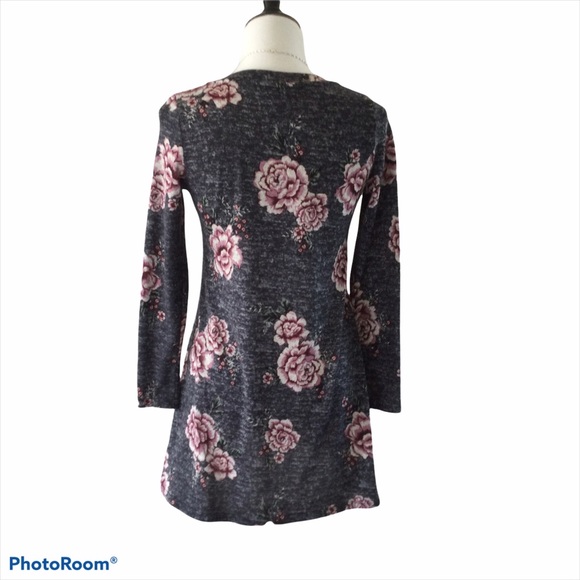 Knit Floral Dress|Tunic Grommet Trim Neckline Gray & Pink S - Picture 3 of 10